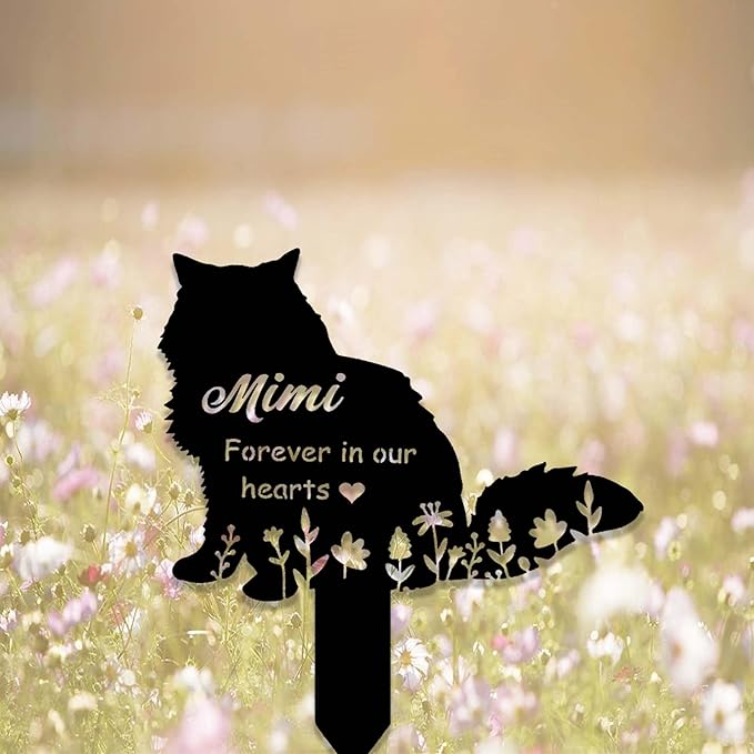 Personalized Fluffy Cat Memorial Stake - Metal Grave Marker Yard Sign - Cat Loss in Heaven Remembrance Gift