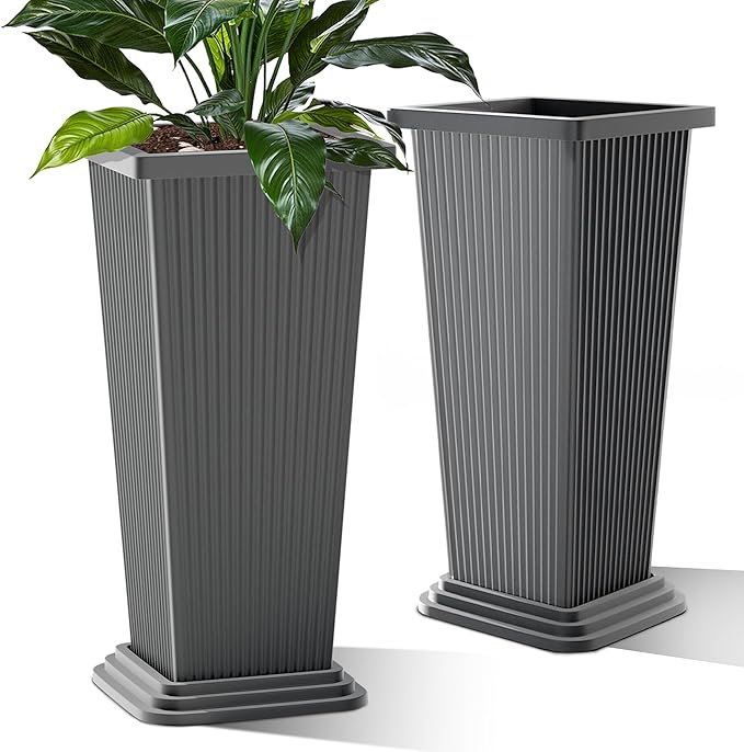Set of 2 Tall Planters with Drainage Tray, 24 Inch Large Flower Pots for Indoor Outdoor Plants Mordern Planter Weather-Resistant for Patio, Front Door Decor, Garden (Gray Ribbed)