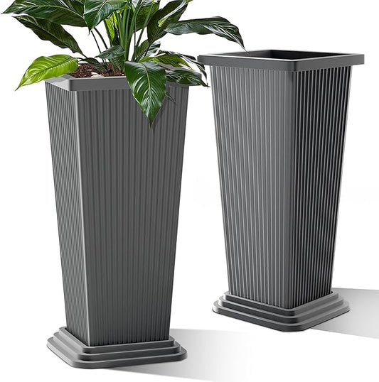 Set of 2 Tall Planters with Drainage Tray, 24 Inch Large Flower Pots for Indoor Outdoor Plants Mordern Planter Weather-Resistant for Patio, Front Door Decor, Garden (Gray Ribbed)