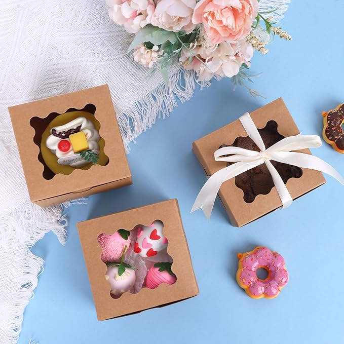 Moretoes 120pcs Cookie Boxes with Window, 4x4x2.5 Inches Brown Bakery Boxes Pastry Container Bulk for Small Cookies, Treats and Desserts