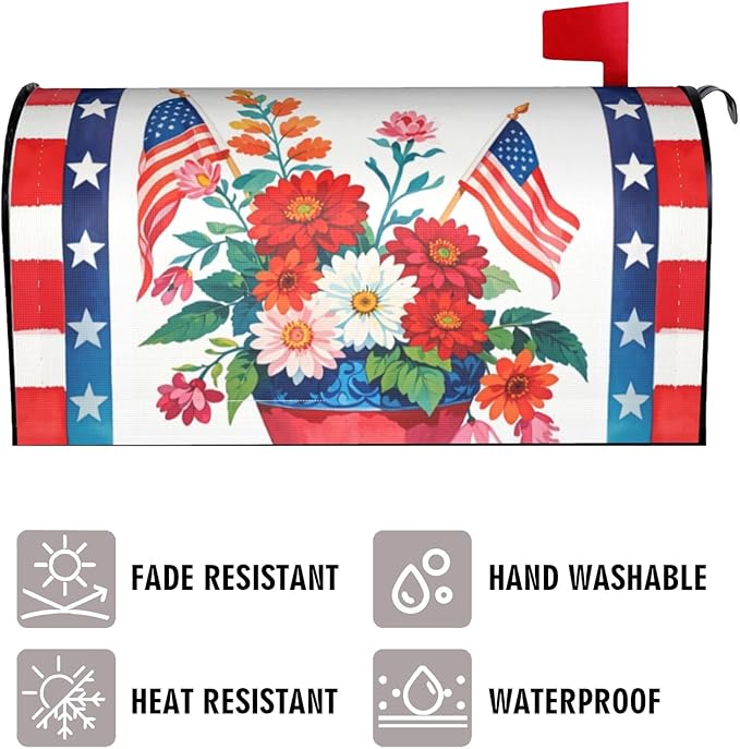 4th of July American Flower Mailbox Cover, Patriotic Red Blue 21" Lx 18" W Magnetic Mailbox Cover, USA Floral Standard Size Post Letter Box Wrap Decor, Independence Day Garden Yard Outdoor Decoration