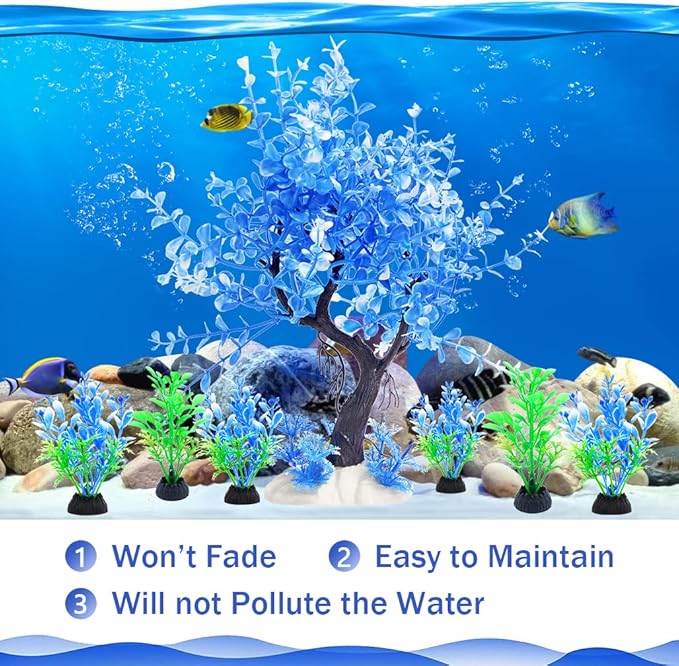 Aquarium Fish Tank Decorations, Blue Plastic Tree with 6 Pack Small Artificial Aquarium Plants Set for Betta Fish Tank Decor