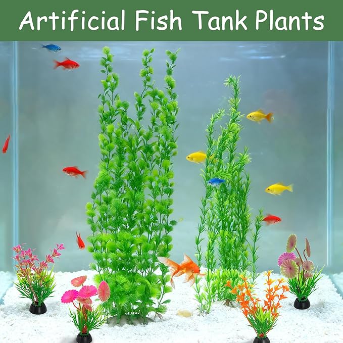 6 pcs Tall Aquarium Plastic Plants, Featuring Two 23.6-inch Green and Four 3.9-inch Multi-Color - Artificial Plastic Plants for Fish Habitat Decor, Safe Bendable Underwater