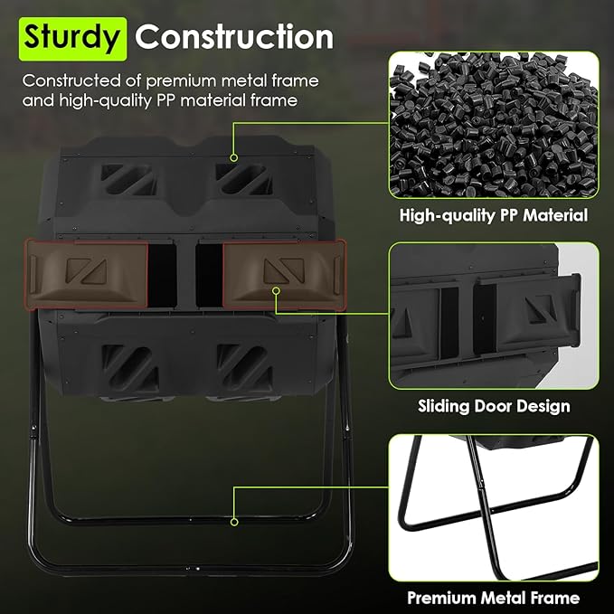 43 Gallon Compost Bin Outdoor Tumbling Composting Bins Compost Tumbler Bucket Trash Can w/Dual Chamber Sliding Doors for Garden Patio,Black Door
