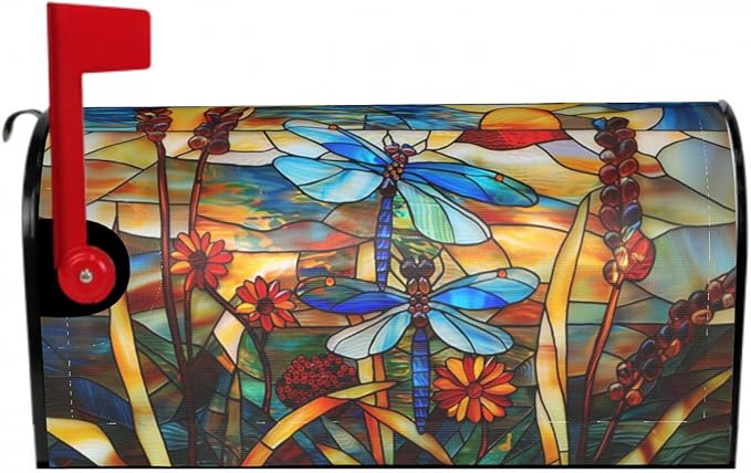 Stained Glass Dragonfly Mailbox Covers Fall Mail Box Post Wrap Magnetic Large Size 25.5 X 21 Floral Spring Summer Mailing Boxes Seasonal Decorations for Autumn Thanksgiving Decor