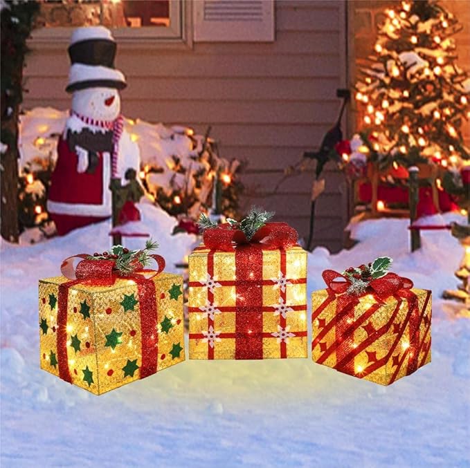 [Ultra-Large 15"x13"x10.5" Christmas Set of 3 Lighted Gift Boxes Decorations Pre-lit 91 Super-Bright LED with Flashers,for Indoor Outdoor Pathway Holiday Party Home(Warm White)