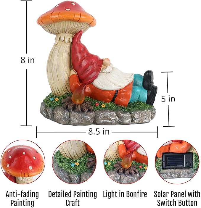 Christmas Garden Gnomes Statues with Solar LED Light, Solar Powered Gnome Sculptures for Patio Yard Lawn Balcony Decor Mother's Day Birthday Gifts for Women Mom 8.5 Inch