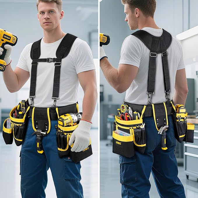 Tool Belt with Suspenders,27-Pockets Heavy Duty Tool Belts for Men with Magnetic Tool Pouch,Detachable & Adjustable Work Belt Bag for Electrician,Carpenter,Construction,Utility Toolbelt,Black,Yellow