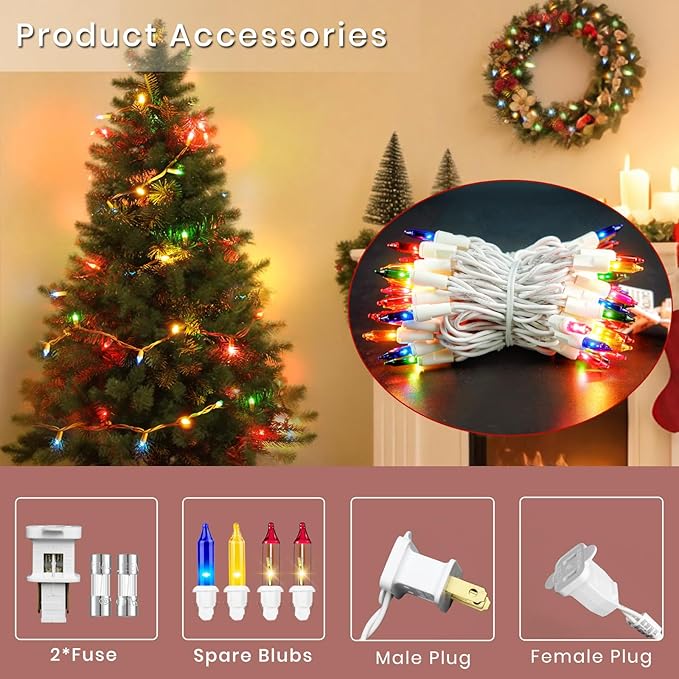 Multicolor Christmas Lights- 100 Count Mini Incandescent Indoor Lights with White Wire, UL Listed Connectable, Bright & Colorful String Lights for Kids’ Room, Party & Festival Décor