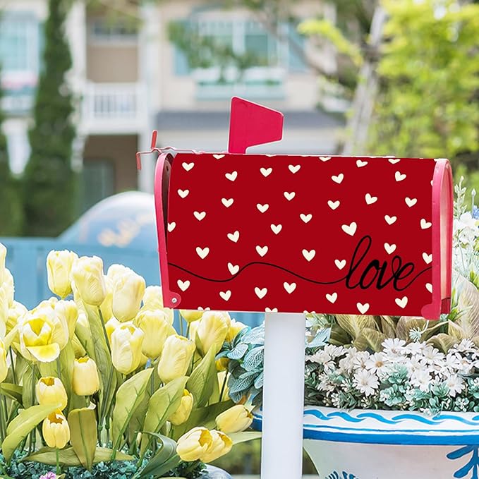 Valentines Day Mailbox Cover Magnetic Red Love Hearts Romantic Mailbox Wrap Post Cover Standard Size 25.5x21 Inch for Garden Yard Outdoor Outside Patio Wedding Anniversary Holiday Decor