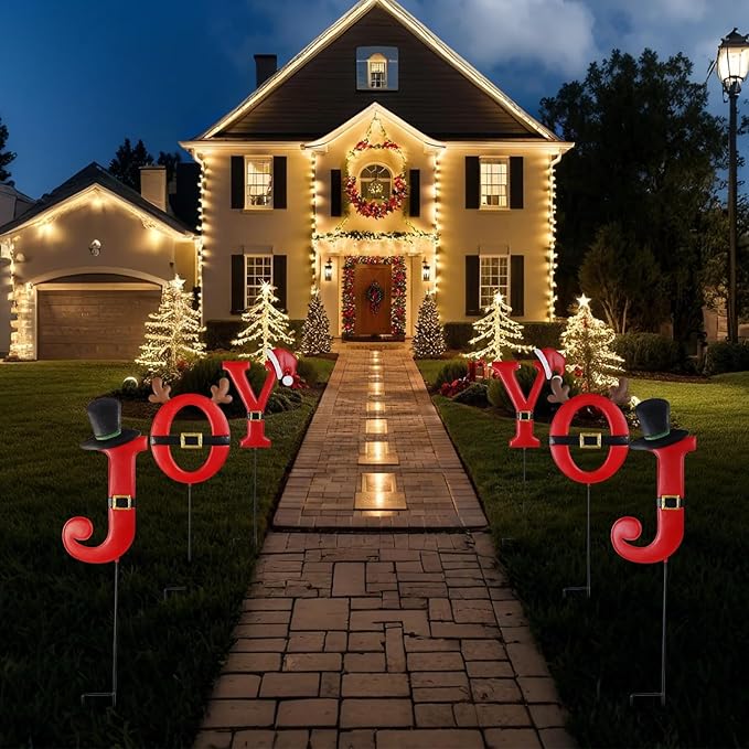 FORUP Joy Christmas Decorations - 3 Pcs Metal Garden Stakes for Outdoor Lawn Yard Decor