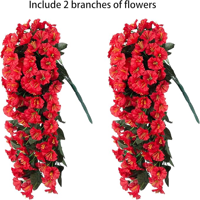 Artificial Faux Hanging Flowers Plants for Winter Christmas Outdoor Outside Decor, 2 PCS Fake Silk Red Morning Glory Long Vines UV Resistant Realistic for Home Porch Patio Balcony Planter Decoration