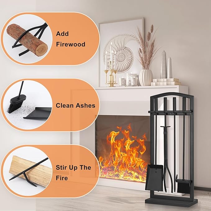 Gtongoko 5 Pieces Fireplace Tools Set with Stand, Outdoor Fire Tools for Fireplace with Poker, Shovel, Brush, Tong and Base, Fireplace Accessories Fire Place Set Tools, Black
