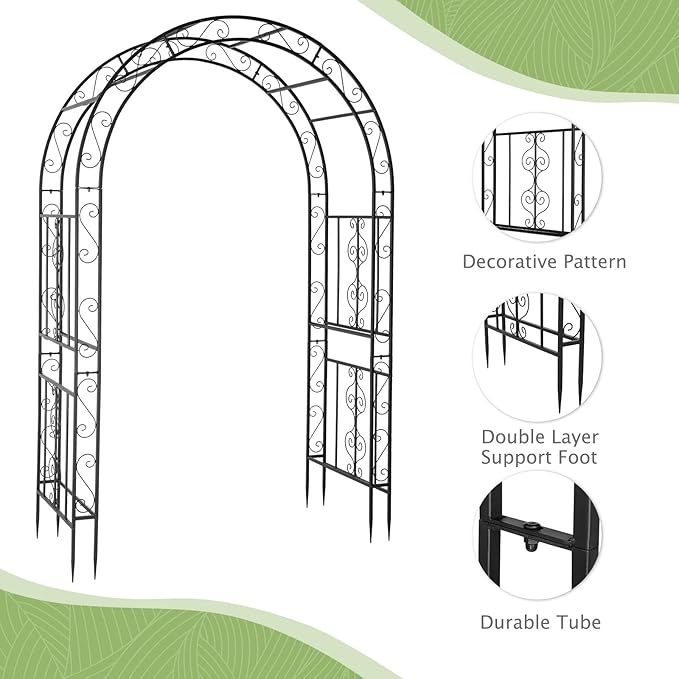 7FT Metal Garden Arch Trellis, Heavy Duty Metal Garden Arbor with Stakes for Climbing Plants Outdoor Patio, Double-Layered Trellis Arch for Wedding Ceremony Party, 59" x 84", Black, 13mm