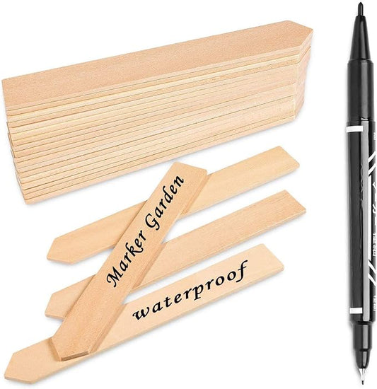 Whaline 50Pcs Wooden Plant Labels with A Marker Pen, Waterproof Pointed Wooden Plant Sign Tags Eco-Friendly Garden Markers for Seed Potted Herbs Flowers Vegetables (15 x 2 cm)