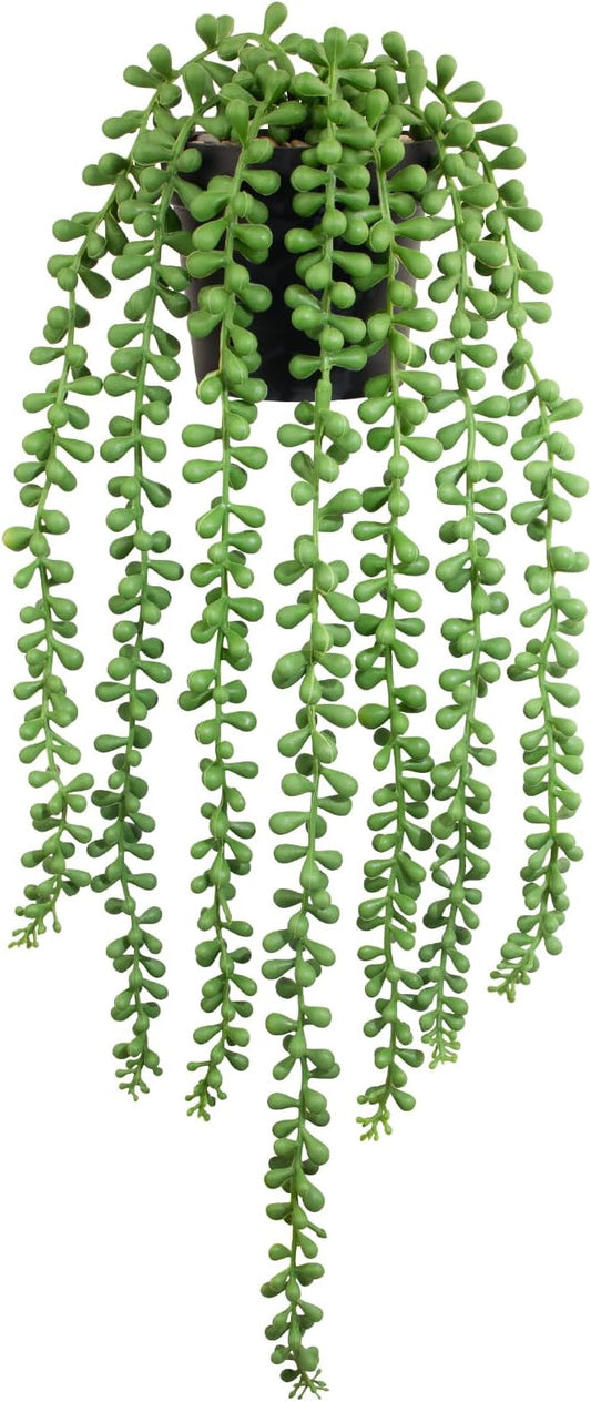 Realistic Artificial String of Pearls Plant - Faux Hanging Succulent Trailing Plant with Black Pot, Natural-Looking Small Potted Faux Plant Indoor Outdoor for Home Office Shelf Decor