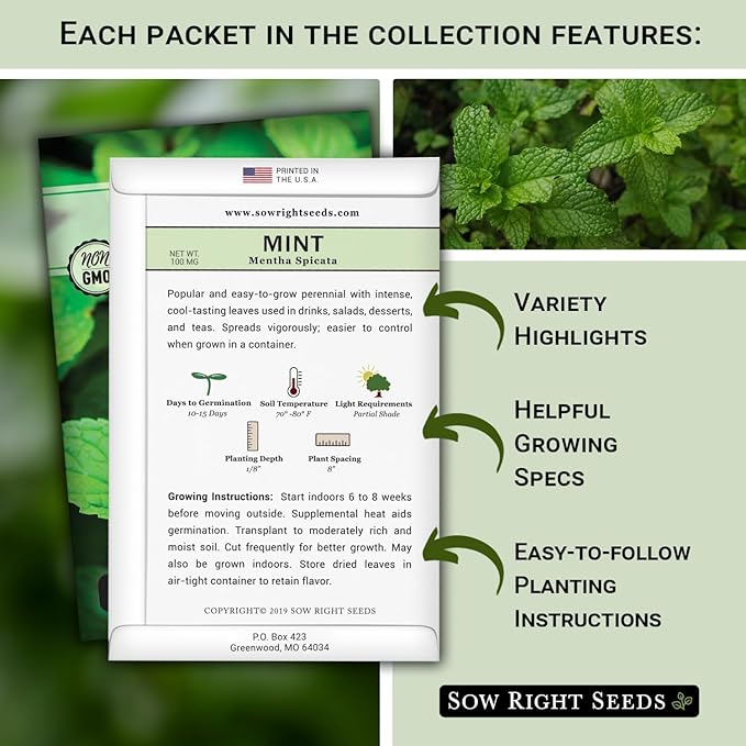 Sow Right Seeds - Most Popular Herb Seed Collection for Planting - Mint, Lavender, Sweet Basil, Cilantro, and Parsley - 5 Packets with Instructions to Grow a Home Kitchen Garden or Hydroponics