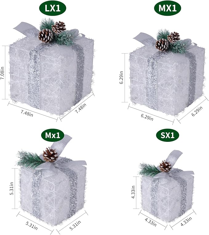 Christmas Lighted Gift Boxes, Pre-lit Lights Gift Boxes Set of 4, Light up Present Boxes Set Battery Operated with Different Sizes for Holiday Indoor Outdoor Decorations(Multi-Colored)
