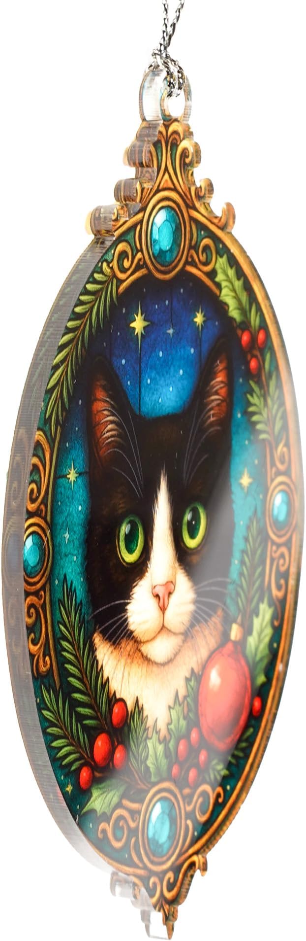 Cat Ornament – Tuxedo Cat Decor – Pet Lover Ornament – Holiday Tree Decoration – Suncatcher Effect Stained Glass Window Hanging – Car Hanging