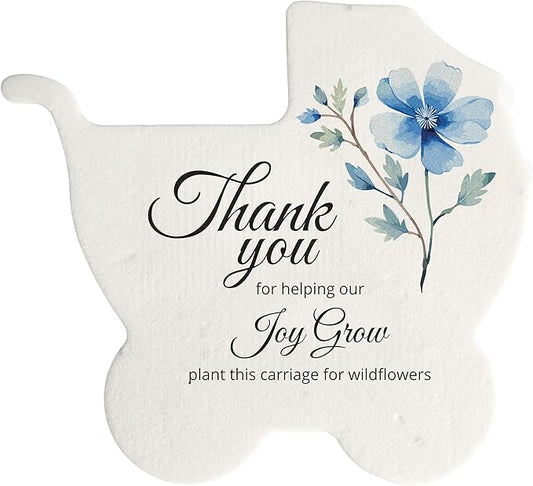 Baby Carriage Seed Paper – 24 pcs Blue Baby Shower Favors for Guests with Wildflower Seeds, Writable & Plantable, Gender Reveal, Birthday Gifts for Guest