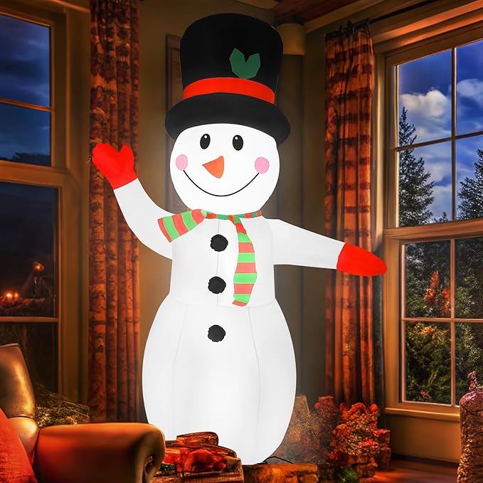 8FT Christmas Inflatable Snowman with Waving Arm & LED Lights, Blow Up Outdoor Winter Decor for Yard, Garden, Lawn, Holiday Party, Xmas Indoor Decoration