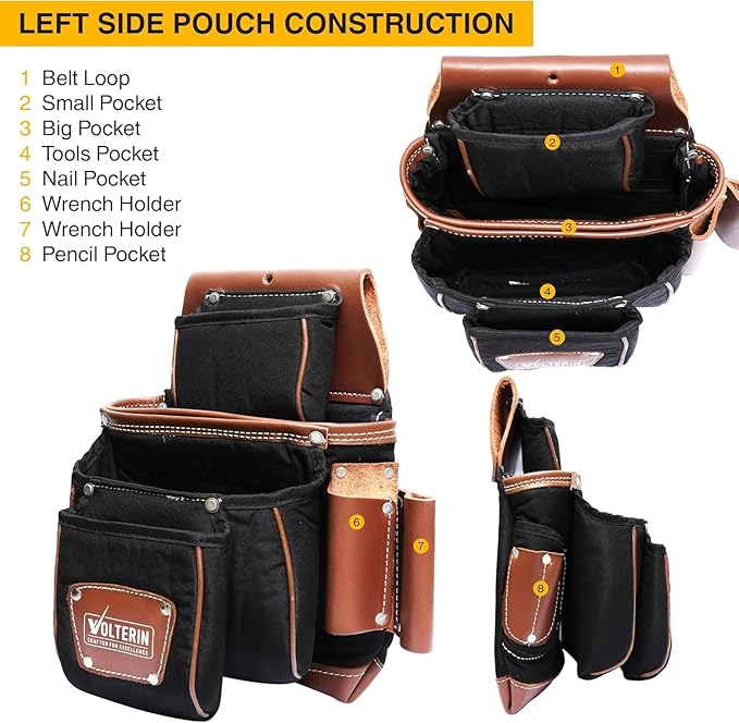 Leather & Nylon Tool Belt for Men – Heavy Duty 22-Pocket Framer’s Tool Bag for Carpenters & Electricians (Black, One Size)