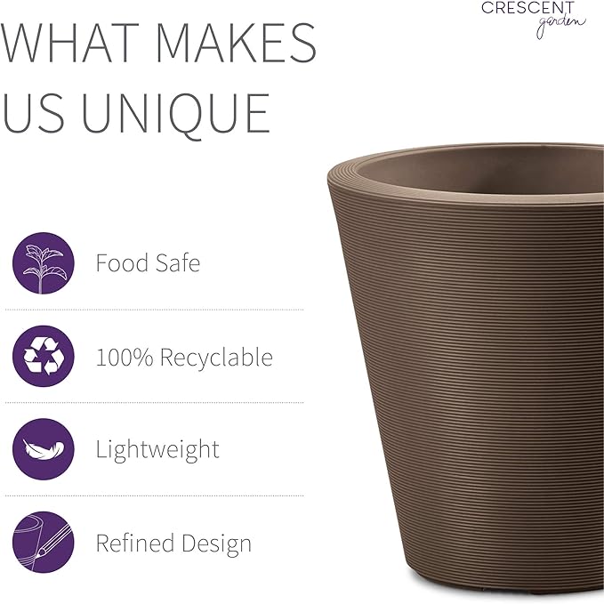 Crescent Garden Madison Planter– Weather-Resistant, Double Walled Indoor/Outdoor Plant Pot with Drain Hole – Durable All-Season Flower Container, 20" W (Bark)