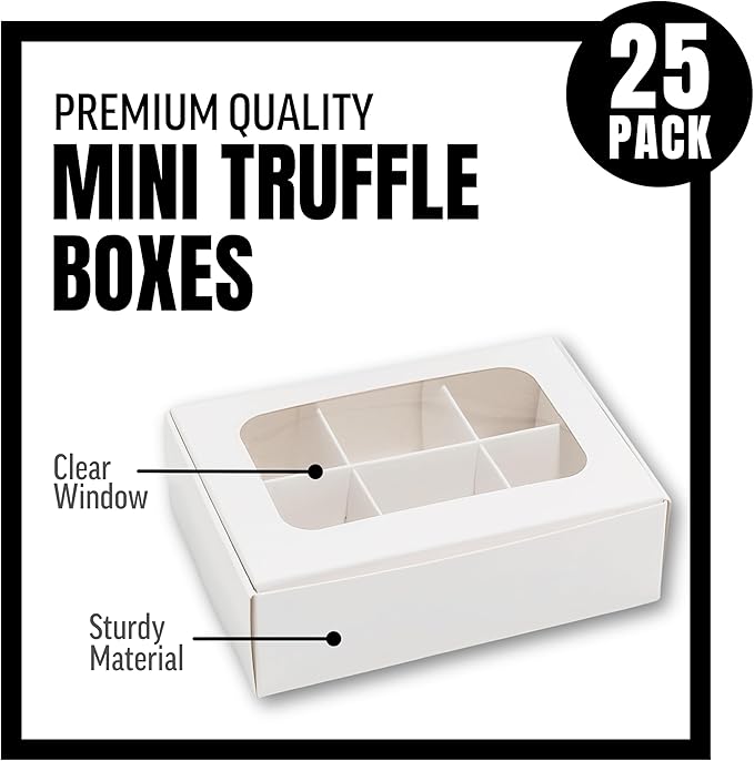 25 pcs White Mini Truffle Box for 6 treats with Windows and Dividers, Bakery Boxes, 5 x 3.5 x 1.57 Inches VERY SMALL Baking Boxes, Square Truffles Box for Gift Giving
