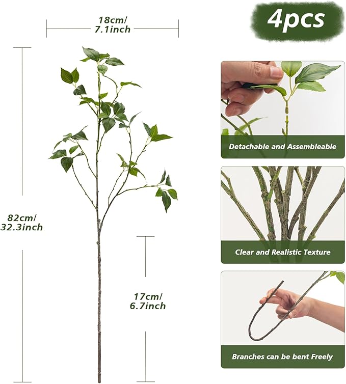 Eucalyptus Stems 32"Fake Plants Eucalyptus Greenery For Vase Artificial Plants Indoor Bay Leaves Bathroom Decor Fake Leaves Greenery Stems Eucalyptus Leaves Dining Room Decor Nordic Decor(4pcs)