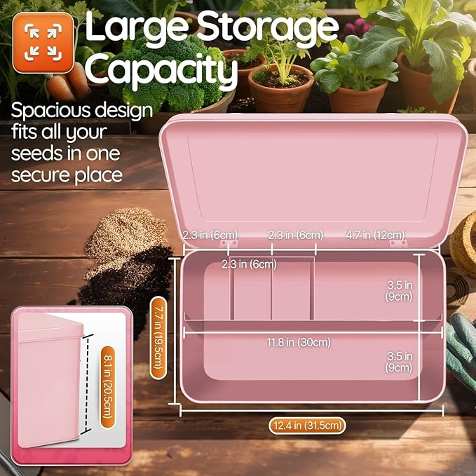 Flexzion Tin Storage Box with Removable Tray, 13 Inch Seed Organizer Box and Metal Seed Holder Organizer with Hinged Lid, Toolbox Container for Crafts, Hardware, Tools, Essentials, Pink