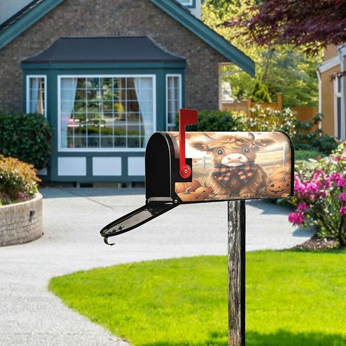 Autumn Highland Cow Fall Pumpkin Magnetic Mailbox Cover MailWraps Garden Yard Home Decor for Outside Oversized-25.5" x20.8"