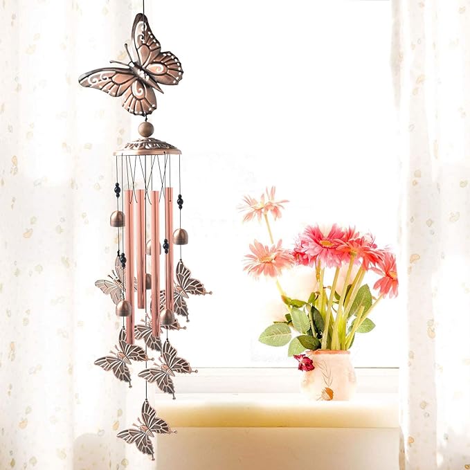 Butterfly Wind Chimes for Outside,34 inch Length Memorial Butterfly Wind Chime with 4 Large Aluminum Tubes & S Hook,Indoor Outdoor Decor Hanging Wind Catcher Bell for Home,Garden,Patio,Backyard,Porch