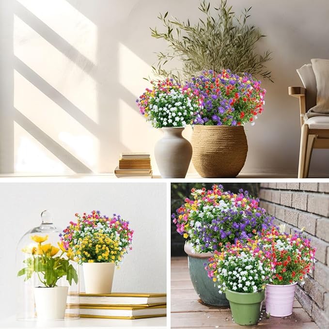 8 Bundles Artificial Flowers, Fake Artificial Greenery UV Resistant No Fade Faux Plastic Plants for Wedding Bridle Bouquet Indoor Outdoor Home Garden Kitchen Office Table Vase