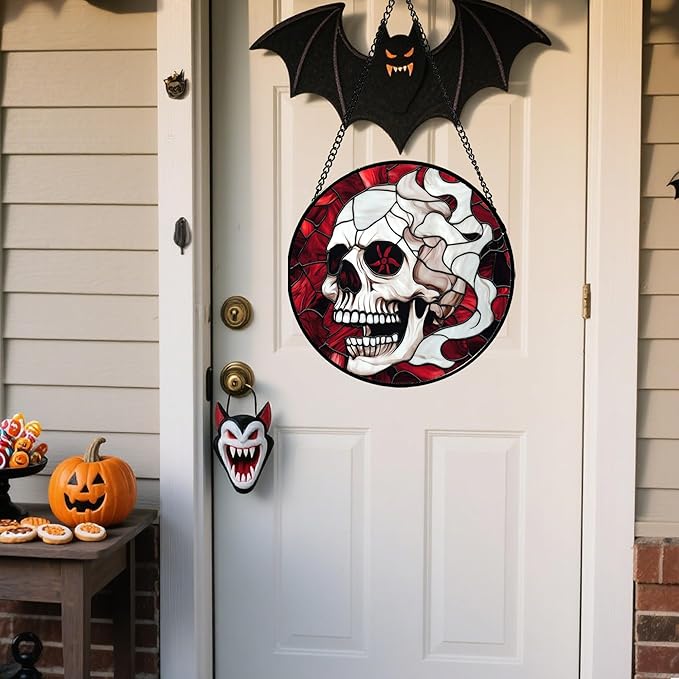 Stained Glass Window Hanging - Halloween Decorations Vampire Skeleton Suncatcher for Doors Garden Indoor Funny Spooky Sun Catchers Gothic Decor Horror Gifts for Women Men Friend 6.3 in