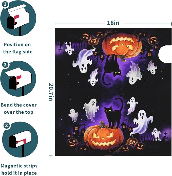 Halloween Spooky Ghost Pumpkin Mailbox Covers Magnetic Standard Size Black Cat Mailbox Wraps Holiday Themed Outdoor Decorative Letter Box Cases for Home Garden Outside Decor, 21x18 Inch