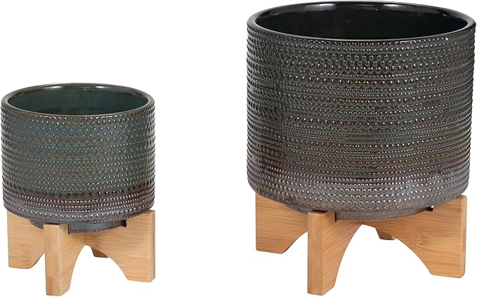 Sagebrook Home Ceramic Planter with Bamboo Wood Stand - Decorative Stoneware Pot for Indoor & Outdoor Plants - Modern Home & Garden Decor - 8" Green