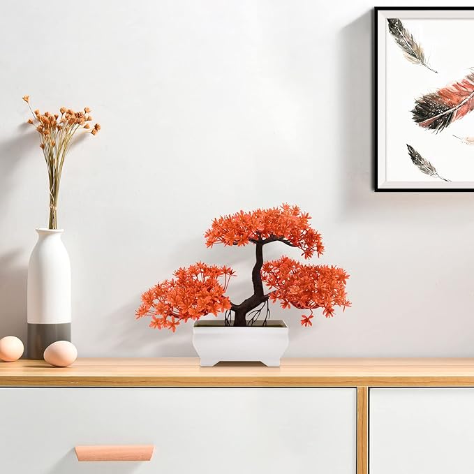 Mini Artificial Bonsai Tree Plants with Plastic Cement Pots for Home Office Décor(Orange)