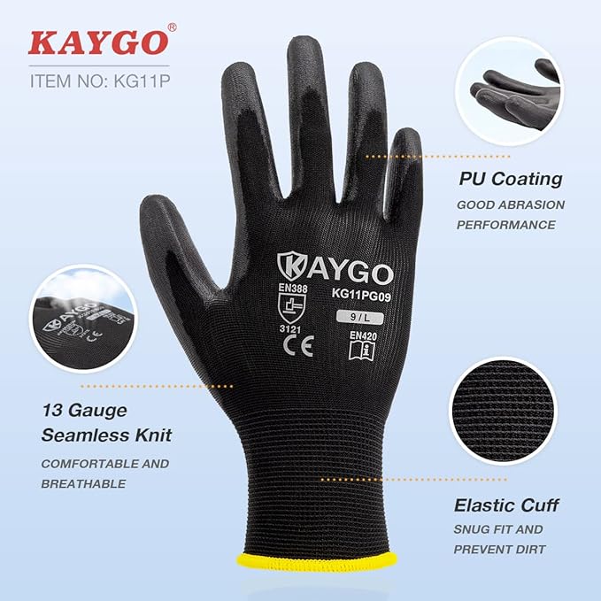 KAYGO Safety Work Gloves for Men and Women PU Coated, 60 Pairs Seamless Knit Glove with Thin Polyurethane Coated Smooth Grip on Palm&Fingers, Ideal for General Light Duty Work, KG11P