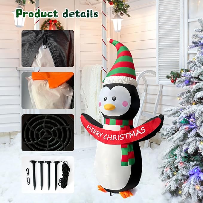 HONGLAND 4 FT Christmas Inflatables Giant Penguin Outdoor Decorations, Built-in Bright LED Light with Merry Christmas Sign, Weatherproof Holiday for Garden Lawn Patio Party Xmas Gifts