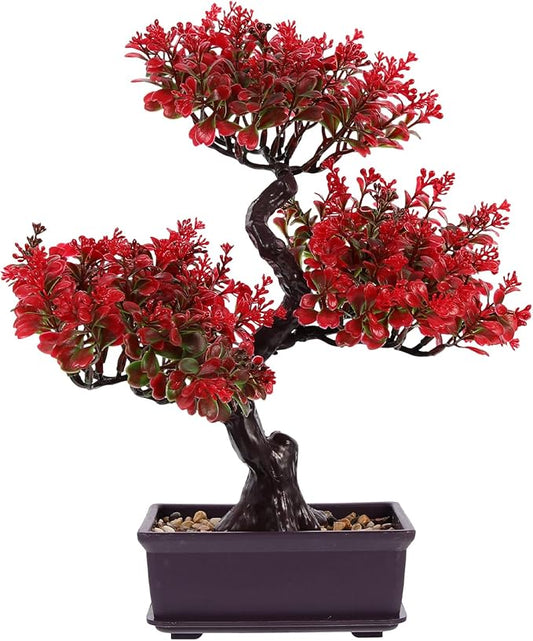 Cabilock Fake Bonsai Tree, Artificial Red Bonsai Tree, Plastic Japanese Potted Pine Decoration for Home Office Showcase Indoor Desktop Display