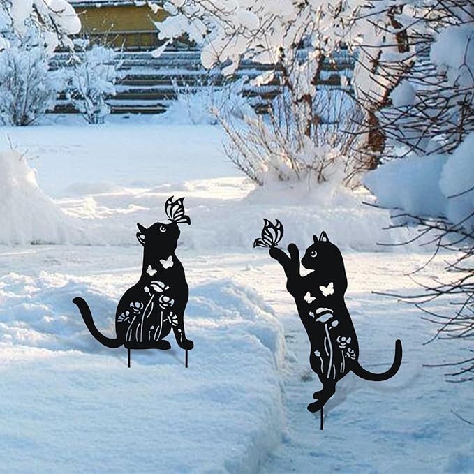 WONDER GARDEN Metal Cat Decor for Outside - 2 Pack Garden Stakes Decorative, Black Cat Silhouette Statues Lawn Ornaments Yard Art Patio Decor Women Men Mom Gifts