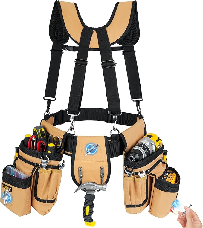 Tool Belt with Suspenders,27-Pockets Heavy Duty Tool Belts for Men with Magnetic Tool Pouch,Detachable & Adjustable Work Belt Bag for Electrician,Carpenter,Construction,Utility Toolbelt,Black,Brown