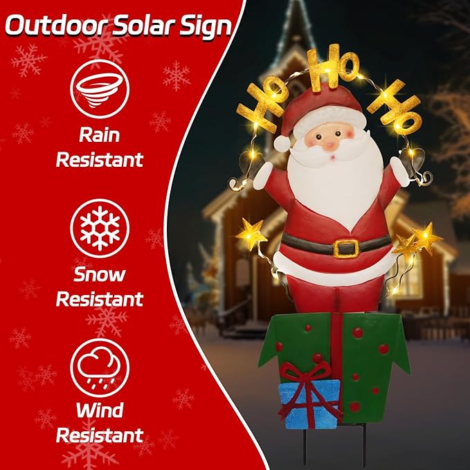 Christmas Outdoor Yard Signs Decorations, LED Solar Metal Garden Stake Lights with Joy for Patio Lawn Christmas Decor (Santa Claus)