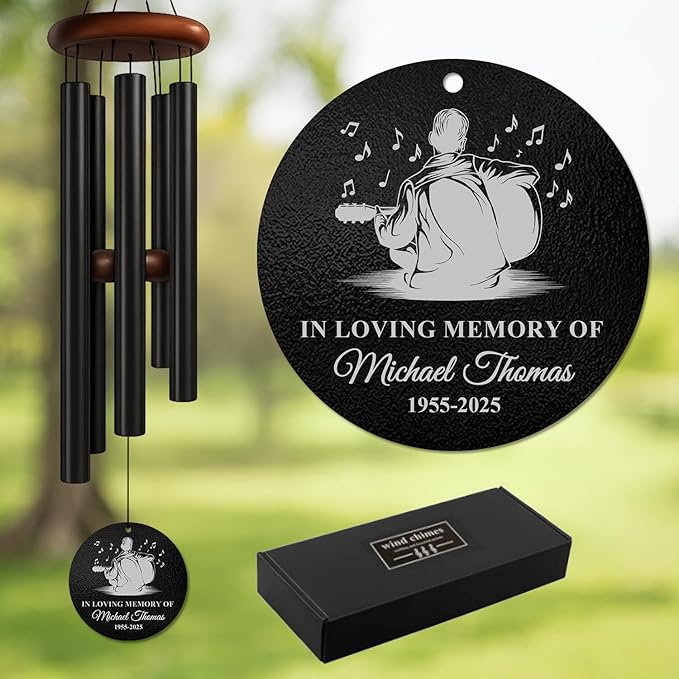 Personalized Guitar Memorial Wind Chime – “in Loving Memory of” Music Lover Tribute – Custom Name, Year Engraved Sympathy Gift – Memorial Windchimes for Loss of Loved One – Musician Remembrance Décor