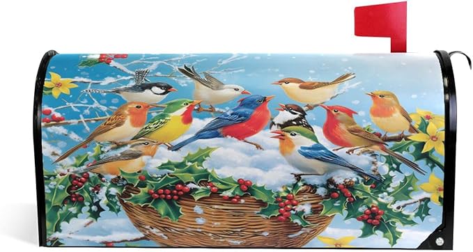 SUABO Mailbox Cover Group Colorful Birds Standard Magnetic Mailbox Covers Wraps for Christmas Home Yard Garden Decor