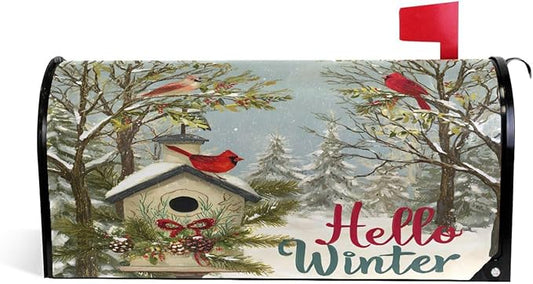 SUABO Winter Scene Cardinal Mailbox Cover Oversize Magnetic Mailbox Covers Wraps for Christmas Home Yard Garden Decor