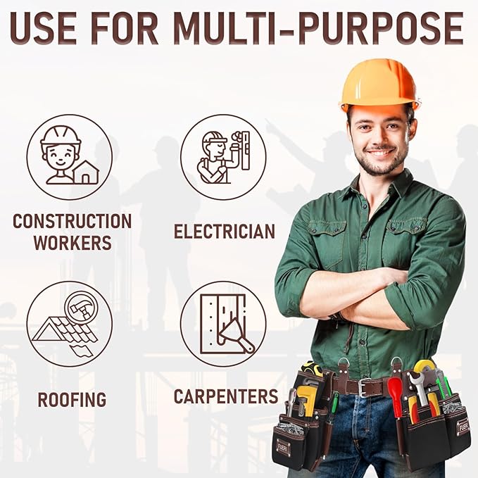 FUERI Tool Belt Men Heavy Duty Nylon Leather Tools Belts Carpenter Bags Electrician Pouches Organizer for Construction Framing (Black & Brown, 30 to 52 Inches Waist)