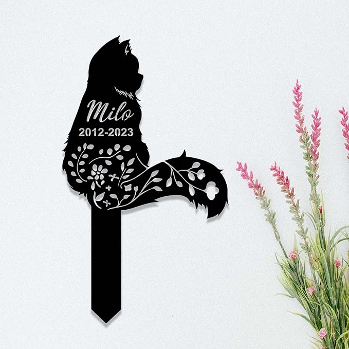Custom Fluffy Cat Memorial Sign - Metal Grave Marker - Personalized Cat Name Remembrance Yard Stake