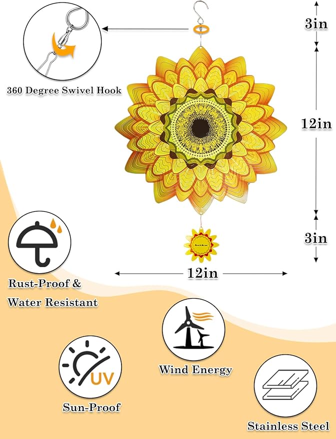 Sunflower Wind Spinner-3D Metal Hanging Wind Spinners, Perfect Ornament Gifts for Women/Men, 12 Inch Spinfinity Wind Spinner for Outdoor & Indoor Decorations, Yard Art, Garden Decoration
