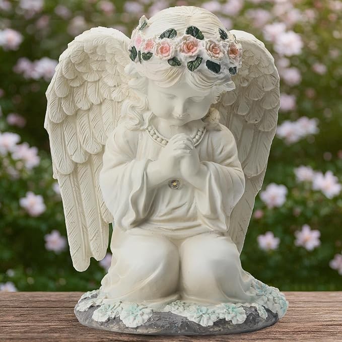Solar Angel Prayer Statue, Memory Guardian Garden Decor with Warm Light - Religious Outdoor Decor, Auto On/Off LED Light, Memorial Gift for Cemetery, Patio & Gravesite